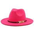 Detail of rose red wool fedora hat featuring black band and gold buckle with crystals - Rose Red