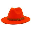 Close-up of orange wool fedora hat featuring a brown braided leather band decoration - One Size / Orange Red