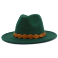 Close-up of a dark green fedora with a decorative brown braided leather hat band - One Size / Dark Green