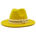 Classic bright yellow wool fedora hat with a striped beige band and a flat brim - Yellow