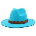 Classic turquoise wool felt wide brim panama hat with brown braided leather band for women - One Size / Sky Blue