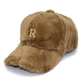 Gorra de béisbol de felpa marrón para mujer con letra R dorada y forro cálido de invierno - Talla única / Marrón