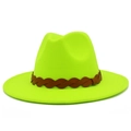 Detail of neon green wool fedora hat featuring a brown braided leather band decoration - One Size / Neon Yellow