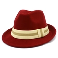 Classic red wool fedora hat with striped beige ribbon band for men and women - Burgundy