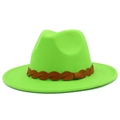 Detailed macro view of the bright green wool fedora with a brown braided leather band - One Size / Fluorescent Green