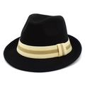 Detailed close-up of a black wool fedora featuring a beige and khaki striped decorative band - Black