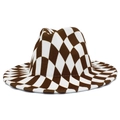 Classic checkered felt fedora hat with brown and white patterns for men and women - One Size / Coffee