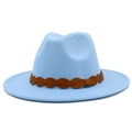 Detail view of the light blue felt fedora hat featuring a brown braided leather band decoration - One Size / Light Blue