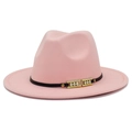Detail of pink fedora hat with black decorative band and rhinestone golden buckle - Pink