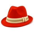 Detail of red fedora wool hat showing the decorative beige striped ribbon band and texture - Red