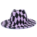 Distorted black and purple checkerboard wide-brimmed fedora hat for men and women - One Size / Purple