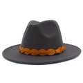 Detailed texture of dark grey wool fedora hat featuring a brown braided leather band - One Size / Dark Gray