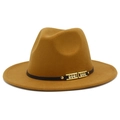 Classic camel wide brim wool fedora hat with black leather band and gold metal buckles - Brown
