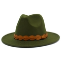 Close-up of dark green wool felt fedora featuring a brown braided leather hatband decoration - One Size / Army Green