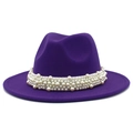 Close-up of luxury purple felt fedora hat featuring a multi-row pearl band decoration - One Size / Purple