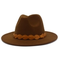 Close-up of brown wool fedora hat with braided leather band on white background - One Size / Coffee