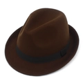Classic dark brown wool fedora hat for men with black ribbon trim and a stylish rolled edge - One Size / Coffee