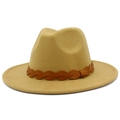 Detail of khaki wool fedora with brown braided leather band for autumn and winter - One Size / Camel