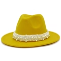 Close-up of ginger yellow wool fedora hat with luxury heavy pearl decorative band - One Size / Yellow