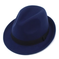Classic dark blue wool felt fedora hat for men featuring a black grosgrain ribbon band - One Size / Dark Blue