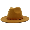 Detailed close-up of camel wool felt fedora with a braided leather band decoration - One Size / Brown