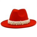 Close-up of red fedora hat featuring an elegant pearl beaded band on smooth wool felt - One Size / Red