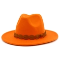 Detail view of bright orange wool fedora hat with brown braided twist band and wide brim - One Size / Orange