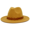 Detail of mustard yellow wide brim fedora hat with brown braided leather band - One Size / Khaki