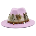 Pink felt fedora hat with bohemian feathers and ethnic beads for a classic elegant look - Light Purple