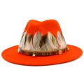 Detail of orange fedora with natural feather band, woven strap and ethnic metal charms - Orange Red