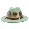 Detail view of mint green wool fedora with bohemian feather trim and woven rope band - Mint Green