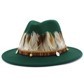 Detailed view of dark green fedora hat with natural feathers and ethnic beads decoration - Dark Green