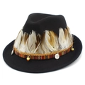 Dettagli del cappello fedora in lana con nastro etnico e decorazione con piume naturali - Taglia unica / Nero