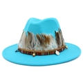 Detail of bright blue fedora hat with feather, braided leather, and ethnic charm accents - Sky Blue