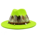 Detail of neon green fedora hat featuring real feathers, ethnic bands and coin pendants - Neon Yellow
