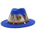 Classic royal blue wide brim fedora hat with elegant feather and ethnic bead band decor - Sapphire Blue