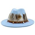 Detail of sky blue fedora hat with bohemian feathers and ethnic woven braided band - Light Blue