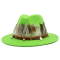Detail of lime green fedora hat featuring ethnic ribbon, feathers and metal coin charm - Fluorescent Green