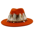 Orange felt fedora hat with natural feathers and bohemian ethnic beaded band - Dark Orange