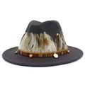 Detail of grey fedora with feather accents, ethnic woven band and silver coin charms - Dark Gray