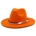 Detail of orange fedora wool hat with blue braided rope and golden anchor buckle - Orange
