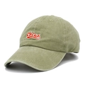 Detail of washed olive green cotton baseball cap with red white letter embroidery - Khaki
