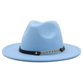 Detailed macro of a light blue wool fedora hat featuring a black band and gold chain - Light Blue