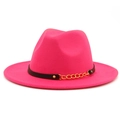 Detail of rose pink wool fedora hat featuring black leather band and gold chain accent - Rose Red