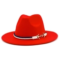Close-up of red Fedora hat with nautical rope band and golden anchor metal charms - One Size / Red