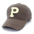 Brown fleece baseball cap with yellow letter P patch for women's winter fashion - One Size / Gray