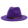 Detail of purple wool felt fedora with a black leather band and gold chain accent - Purple