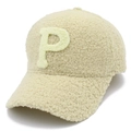 Minimalist beige lamb wool baseball cap with green letter P embroidery for winter fashion - One Size / Beige