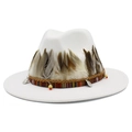 Detail of white fedora with exotic feathers, leather braid and ethnic coin charms - White