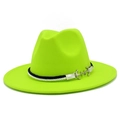 Detail of neon green wool fedora with black-and-white woven band and silver anchor charm - Neon Yellow